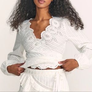 NWT loveshackfancy POLLA CROCHETED LACE-TRIMMED BRODERIE ANGLAISE WRAP TOP white